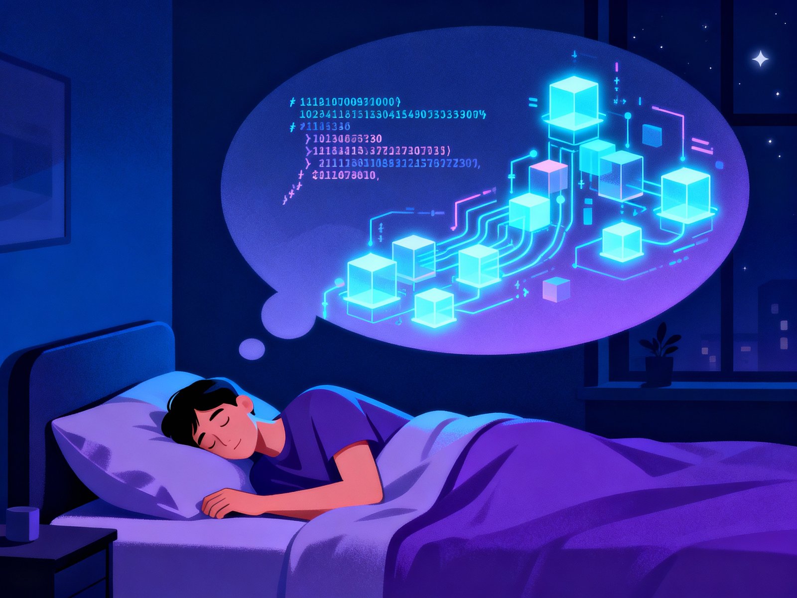 Illustration abstraite d'un rêve comme compilation de données, évoquant la question de la nature des rêves chez les aphantasiques