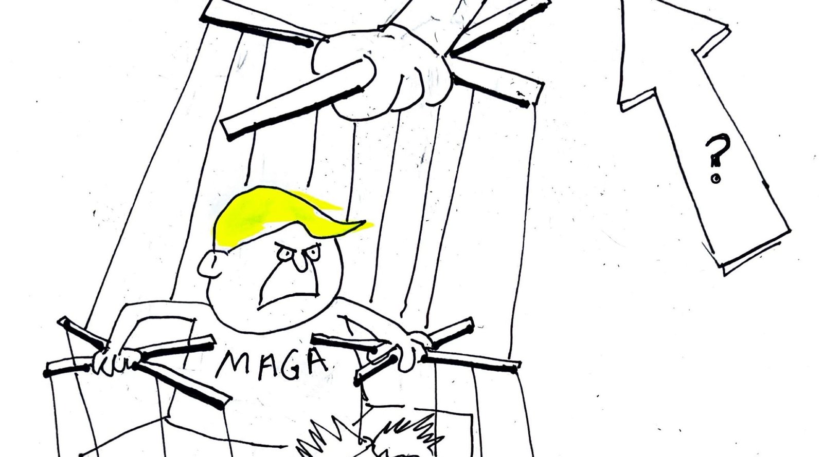 Donald Trump's illustration in puppetry, symbolizing political manipulation and strings drawn by influence groups