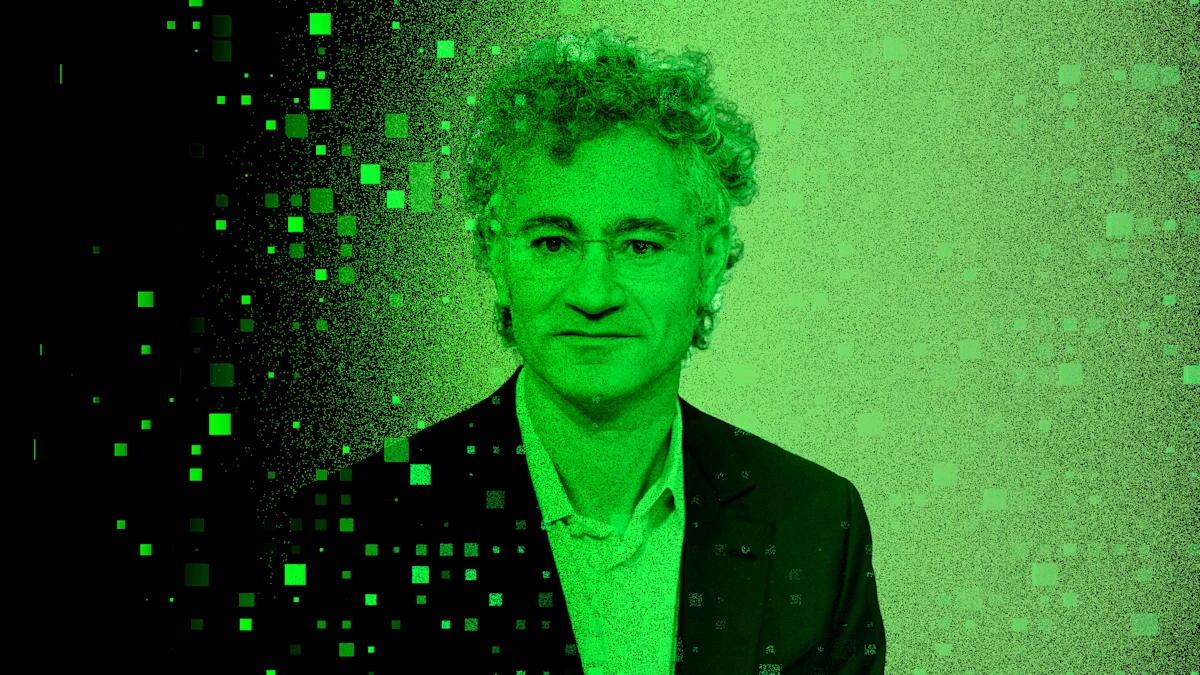 Alex Karp, PDG de Palantir, représenté comme un personnage de Matrix, symbole de son influence dans le monde de la surveillance et du contrôle technologique.
