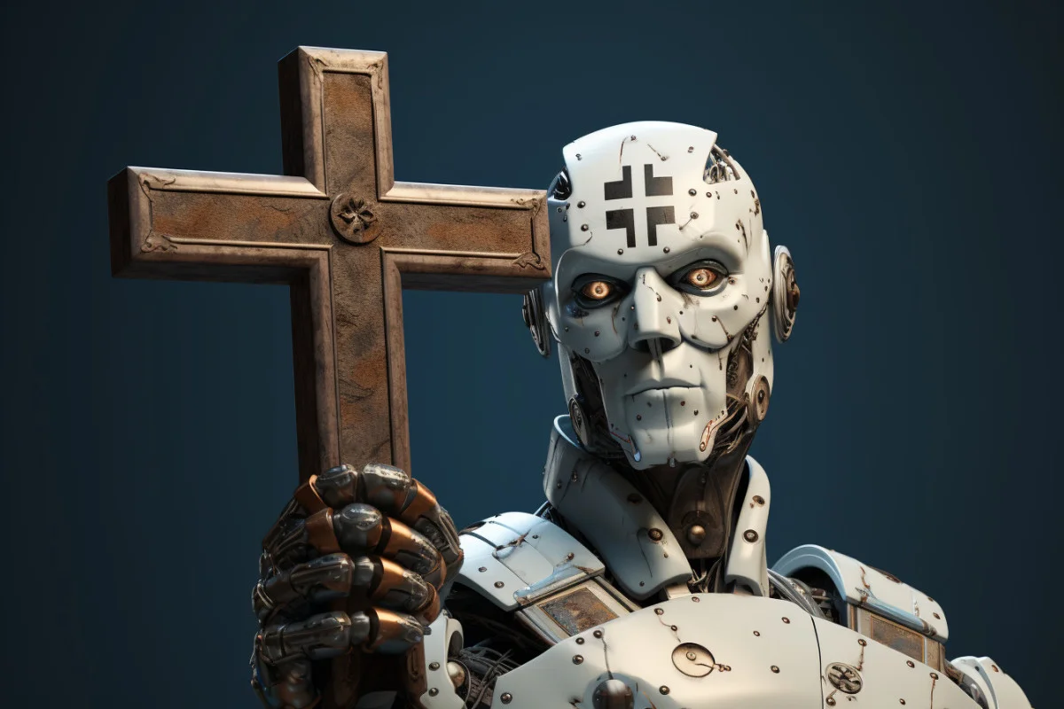 Alliance entre technologie et religion, illustrant le discours d’Alex Karp sur la place du christianisme dans son projet techno-politique.