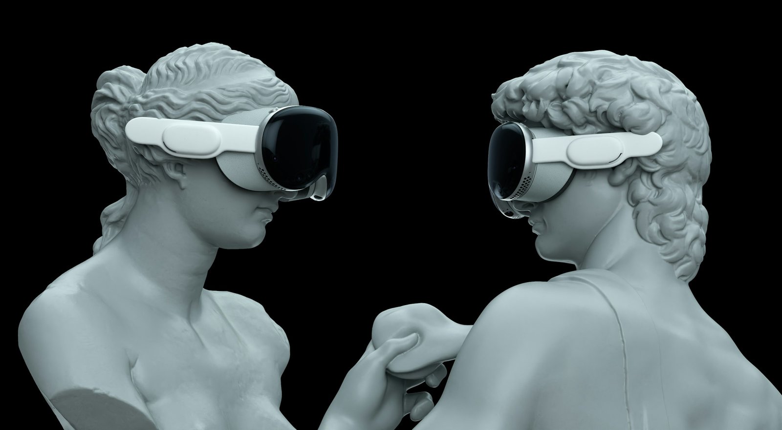 Statues wearing virtual reality glasses, symbol of marginalization and technological alienation. Photo by Igor Omilaev on Unsplash.