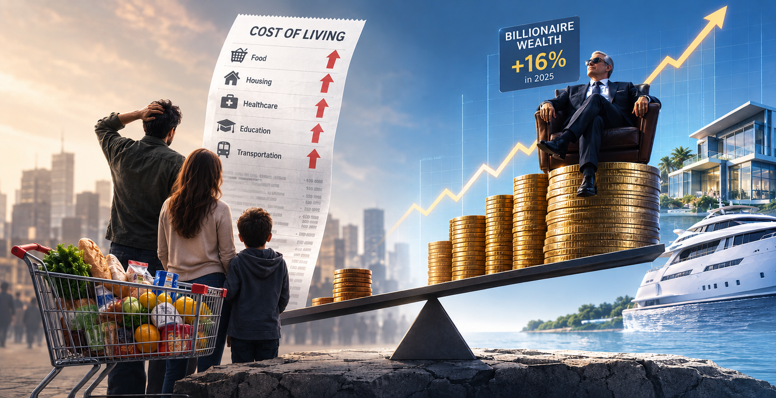 Image satirique représentant les milliardaires comme des acteurs manipulant les leviers économiques et politiques, illustrant leur influence démesurée sur la société